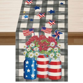 BOTB LIHM 4th of July Table Runner Floral Buffalo Plaid Stars Patriotic America Memorial Day Independence Day 13x72 Inch Dining Table Decoratios Indoor Outdoor Home Decor
