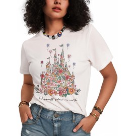 Flafens Graphic Flower Castle Tees T Shirts for Women - Cute Womens T-Shirts Cotton Funny Fashion Tshirts Tops Teens Girls, Medium