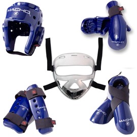 Macho Dyna 8 piece sparring gear set with shin guards and face shield blue adult medium