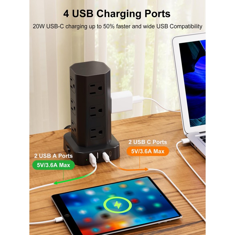 Power Strip Tower Surge Protector, 6FT Flat Plug Extension Cord
