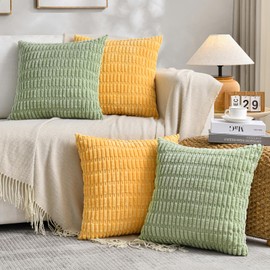Fancy Homi Set of 4 Spring Boho Decorative Throw Pillow Covers 18x18 Inch for Couch Bed Sofa, Sage Green Yellow Room Decor, Soft Fuzzy Fluffy Cozy Corduroy Textured Cushion Case 45x45cm