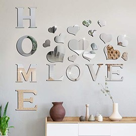 Home Sign Letters Acrylic Mirror Wall Stickers Love Letters and Hearts Shaped 3D Mirror Wall Decals Family Farmhouse Wall Decor DIY Removable Mirror Wall Stickers for Home Living Room (Silver)