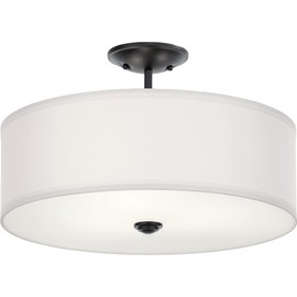 Kichler Shailene 18.25" 3-Light Round Semi Flush with Satin Etched White Diffuser and White Microfiber Drum Shade in Black, (11.5" H x 18.25" Dia), 43692BK