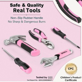 SHALL 26-Piece Kids Size Tool Set, Pink Real Tools for Kids with 12" Tool Bag, Safety Certified Children Learning Tool Kit with Hand Tools for Boys & Girls Age 6+, DIY Building, Woodwork, Construction