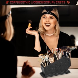 Coffin Decor Makeup Brush Holder,Spooky Witchy Gifts for Women,Bat Cosmetic Display Cases,Cross Goth Decor Pen Holder, Vanity, Desk, Office Organizer for Bedroom Bathroom,Black