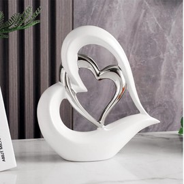 Double Heart Ornament,Double Heart Ceramic Statue,Home Decoration sculpture,Creative Home Modern Home Decoration Gift Office Living Room Decoration Collection Souvenir,Gift. (White Silver D)