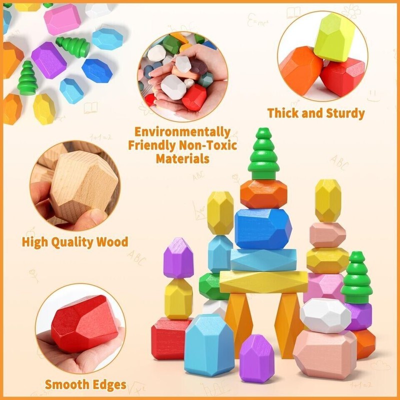 Rurvale 40PCS Wooden Stacking Rocks Toys, Montessori Toys Stacking blocks