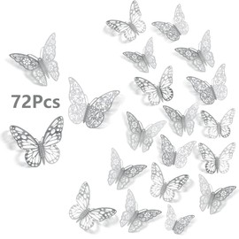 3D Butterfly Wall Stickers, 72Pcs 3 Sizes 3 Styles, Removable Metallic Wall Decals Fridge Sticker Room Mural Decoration for Kids Bedroom Nursery Classroom Party Wedding Decor DIY Gift (Sliver) | SAOROPEB
