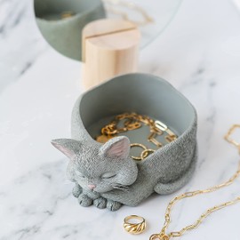 JFSM INC. Whimsical Grey Cat Trinket Dish Planter Jewelry Holder - Happy Cat Collection - Gifts for Cat Lovers, Cat Lover Gifts for Women, Cat Lover Gifts for Men, Home Decor for Cat Lovers