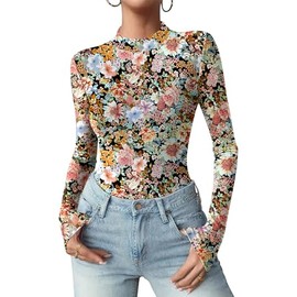 Zeagoo Womens Mesh Tops Mock Neck Floral T Shirts Long Sleeve Undershirts Layering Tops See Through Going Out Tops M