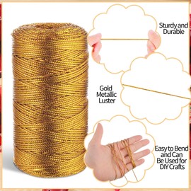 656 Feet/218 Yards Metallic Cord Gold Twine, 1 Spool 1.5 mm Gold Thread String for Gift Wrapping Christmas Bracelet Jewelry Making Thread Gold Craft Making String Cord