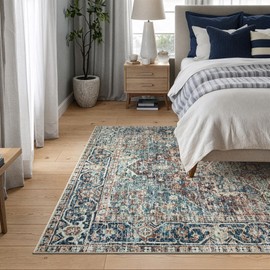 Bloom Rugs Caria Washable Non-Slip 4x6 Rug - Blue Green/Tangerine Traditional Area Rug for Living Room, Bedroom, Dining Room, and Kitchen - Exact Size: 4' x 6'