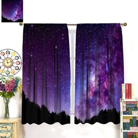 JADERYS Galaxy Blackout Curtains Black Forest Silhouettes Purple Nebula Starry Sky for Kids Girls Boys Bedroom Living Room Rod Pocket Decoration Window Drapes 2 Panels W21xL45in