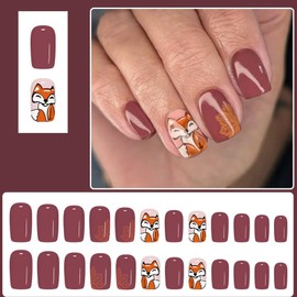 Fall Press on Nails Short Square Fake Nails Cute Fox Glue on Nails Purple False Nails with Maple Leaves Designs Acrylic Stick on Nail Natural Reusable Artificial Nail for Women 24Pcs