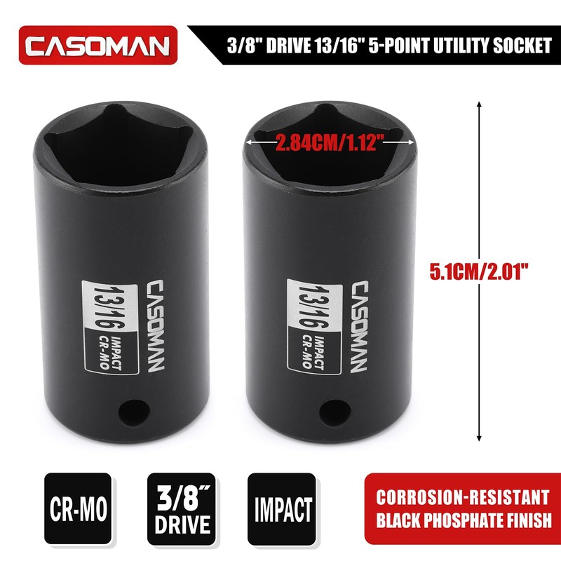 CASOMAN 2PCS 3/8" Drive 13/16" 5-Point Impact Grade Utility Socket,