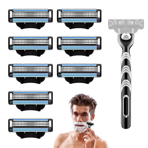 8Pcs Razor Blades Refills with 1 Handle Razors for Mach 3 Blades Replacement Blade with Double Lubrication Strip Compatible with Mach 3 Handles Shaving Manual Shaver Blade Men Father Boyfriend