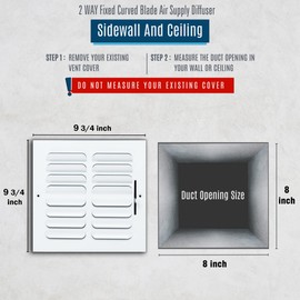Fits 8x8 Duct Opening 2 Way Fixed Curved Blade Air Supply Diffuser by Handua | Register Vent Cover Grille for Sidewall and Ceiling | White | Outer Dimensions: 9.75" X 9.75"