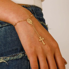TseanYi Coin Cross Pendant Bracelet Gold Mary Bracelet Rosary Cross Bead Link Chain Bracelet Cross Pendant Tassel Bracelet Bead Chain Cross Bracelet Our Lady Bracelet Hand Chain