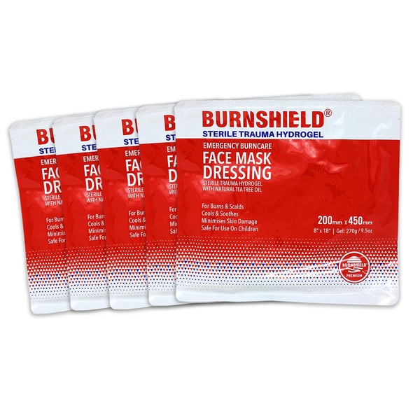 Burnshield Sterile Emergency Burn Face Mask Hydrogel Foil Sealed Foam Cell Dressing Covering 8"x 18" (200mm x 450mm) - 5 Pack