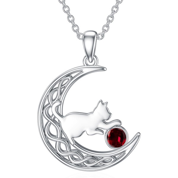 LONAGO Cat Necklace 925 Sterling Silver Birthstone with Cat in