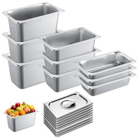 9Pack Steam Table Pans, 1/4 Stainless Steel Hotel Pans with Lids, Multiple Depths Steam Pan 2.55"/3.9"/5.9" Deep Commercial Food Pans, Dishwasher & Oven Safe Food, Catering Buffet Commercial Use