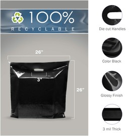 50 Pack Extra Large Black Merchandise Bags 26" x 26" x 3 mil Thick - Glossy Plastic Perfect for Retail with Die Cut Handles - Ideal for Shopping, Large Packages, Toys - 100% Recyclable