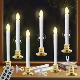 Window Candles with Remote Timers 6PCS Battery Operated Flickering Flameless Led Electric Candle Lights with Gold Base and Suction Cups Taper Candles Holder for Christmas Decorations