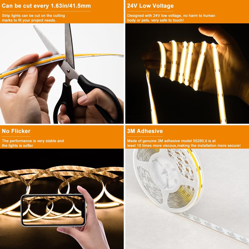 PAUTIX COB LED Strip Light Warm White 2700K 504LEDs/m,CRI90+ 32.8ft/10m