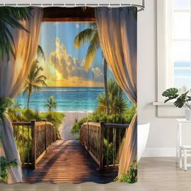 KDYDK Ocean Beach Shower Curtain Teal Orange Sea View Tropical Hawaii Sunset Island Palms Tree Seaside Windows Nature Landscape Decor Bathroom Curtain Set with Hook 70" WX70 H
