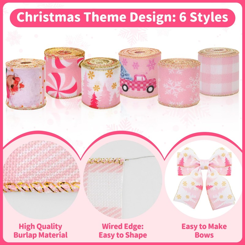 KINGLAKE Christmas Ribbon Wired 2.5 Inch Pink Christmas Wired Edge