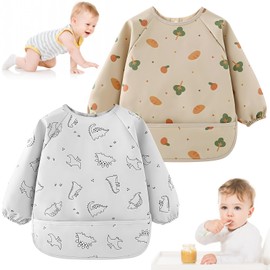 CHICHI:OÜ Baby Bibs with Sleeves, 2 Pieces Bibs for Weaning with Long Sleeves, PU Waterproof Bib Easy to Clean with Pocket, Soft and Skin-friendly, Breadfruit Tree Small Dinosaur