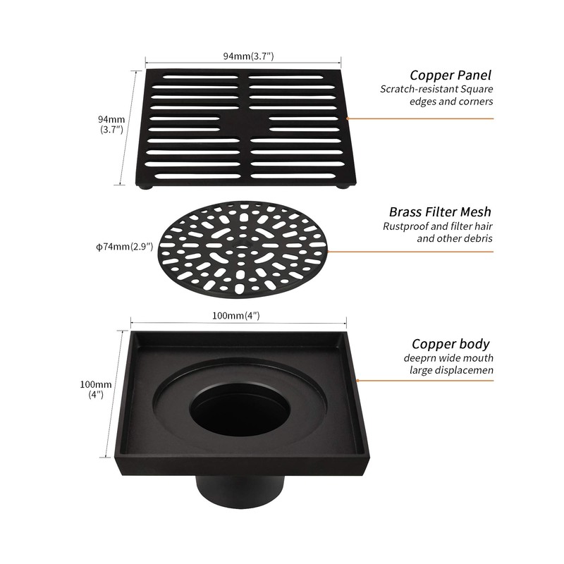 PHASAT Floor Drain Brass Contemporary 4 inches Square with Removable