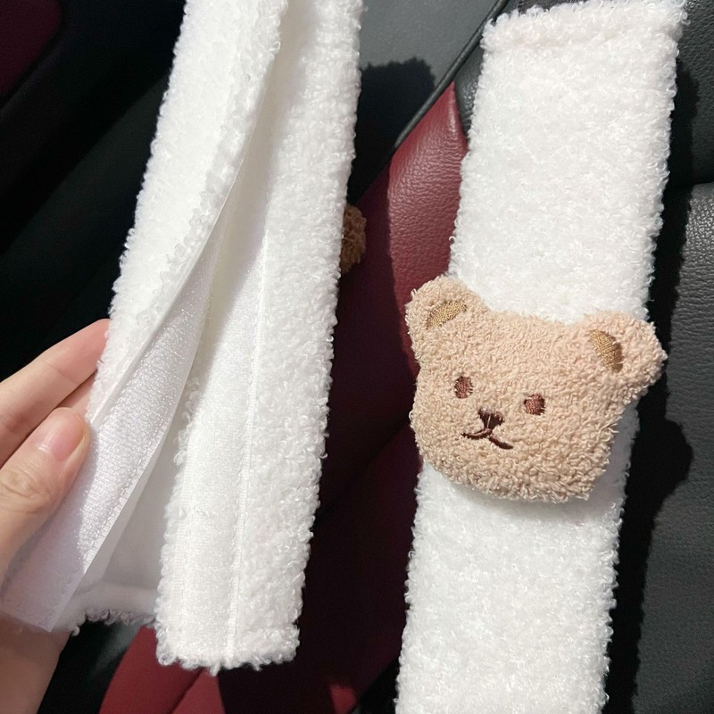 Car Seat Belt Covers, White Teddy Bear Design, 2-Piece Shoulder
