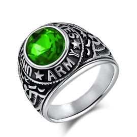 US Military Honor Ring for Men, Silver-Tone Titanium Steel Army Ring with Red/Blue/Green/Black Gemstones, Patriotic US Army Symbol Statement Jewelry