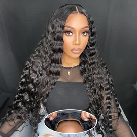 Espive Wear and Go Glueless Wigs Human Hair Pre Plucked Pre Cut Lace Closure Wigs for Black Women Deep Wave Wig Human Hair 180% Density 4x4 Hd Lace Closure Wigs Natural Black Short Curly Wig 20inch