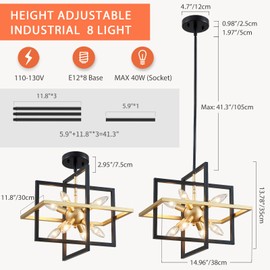 Majhoiw Modern 8-Light Black and Gold Pendant Lights Farmhouse Chandelier Ceiling Lighting Fixtures for Kitchen Island Living Room Dining Room Bedroom Hallway