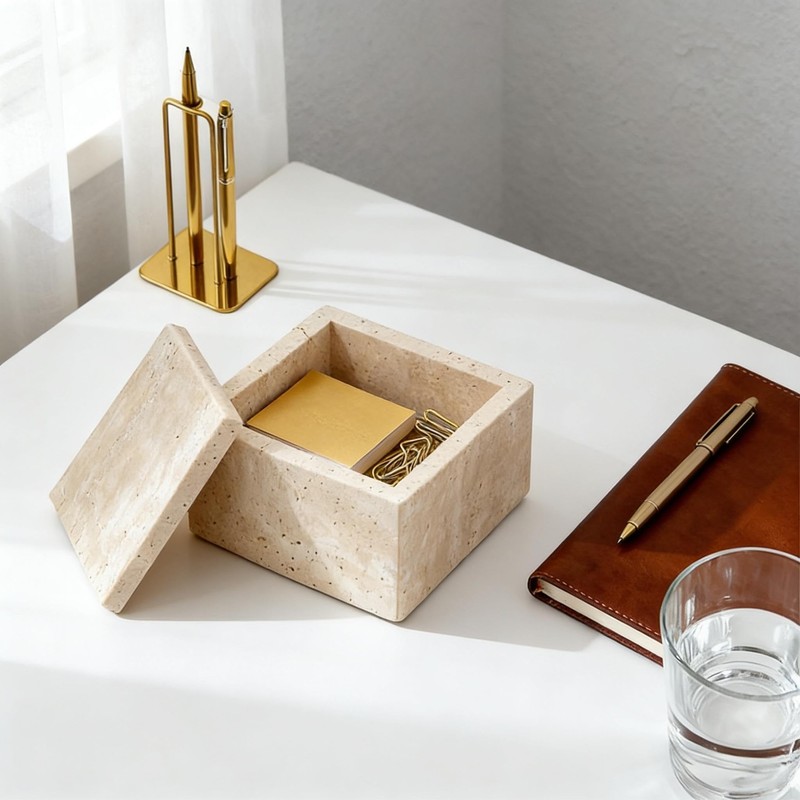 Artisanal Abode Natural Marble Storage Square Containers Cotton Swab Holder,