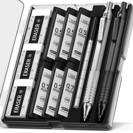 Four Candies 2PCS Metal Mechanical Pencils Set with Case, 0.5mm & 0.7 mm Artist Pencil with 6 Tubes (360PCS) HB Lead Refills, 3 Erasers,9 Eraser Refills For Writing Drafting, Drawing, Black&Sliver