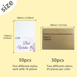 CZAKOMIX Pack of 50 5 Different Designs of 14 x 9.3 cm Blank Greeting Cards with 2 Colours of 50 Pieces 16 x 11 cm Small Envelopes (White, Light Brown), Card Thank You, for Birthday Party Thank You