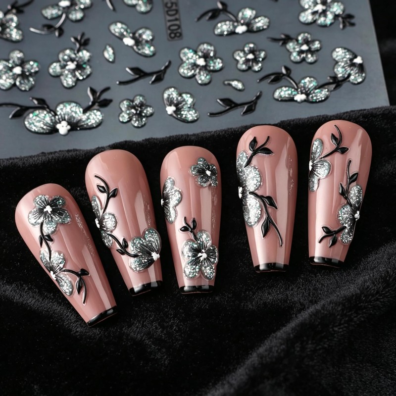 5D Embossed Daisy Lavender Nail Stickers, 5 Sheets Self Adhesive