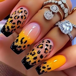 LWTZLW French Tip Press on Nails Yellow Leopard Long Square Fake Nails Leopard French Tip Full Cover Glue on Nails Yellow Coffin Acrylic False Nail Glossy Artificial Nail Reusable for Women