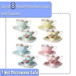 BTaT- Floral Tea Cups and Saucers Set of 8 (8 oz), Porcelain Tea Cup Sets, Assorted Colors with Gold Trim & Gift Box, Dishwasher Safe
