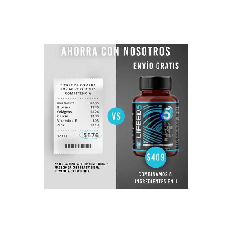 Biotina Colágeno Vitamina E Zinc Calcio 60 Cápsulas Lifeed5