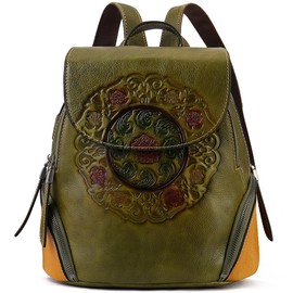 Zhuoliang Small Genuine Leather Backpack Purse for Women Fashion Vintage Embossed Totem Backpack Green