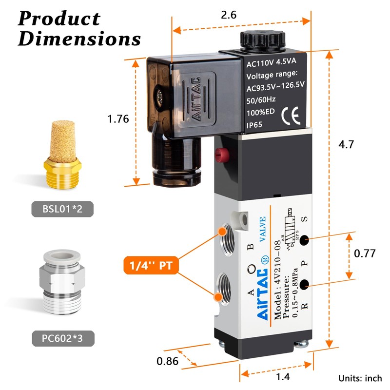 1/4"PT Solenoid Valve 4V210-08 Single Coil Pilot-Operated Electric 2 Position