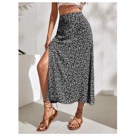 GORGLITTER Women's Boho Floral a line Flared Skirt High Waisted Split Thigh Flowy Midi Skirts Black and White Medium