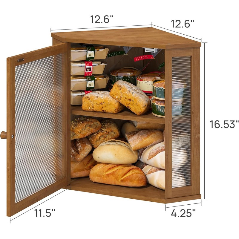Corner Bread Box for Kitchen Counter, Bamboo Wood Large Capacity