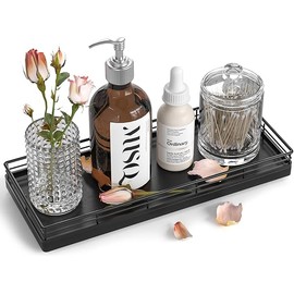 Bathroom Tray for Counter, Oak Wooden 11.2" L Decorative Vanity Tray for Dresser Tops Perfume Jewelry Makeup Candle Soap Sponge Holder for Kitchen Countertop Organizer Coffee Table Decor Bar Black