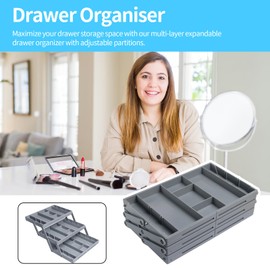 3 Tier Drawer Organizer, Folding Smart Drawer Organiser Multi Level Expandable Drawer Organizer Makeup Drawer Shallow Organizer Tray for Makeup Jewelry Office Supplies