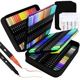 sunacme Art Supplier Dual Brush Markers, 110 Artist Fineliner & Brush Tip Pens with P...